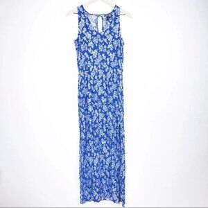 Aqua Blue White Floral Textured Maxi Slit Dress Sleeveless V-Neck